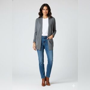 Max Studio Merino Wool Blend Open Front Cardigan XS Gray Pockets Grey Classic